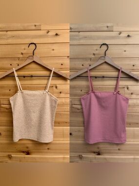 Bundle American Eagle XS Pink & Tan Ribbed Crop Tank Top Bow Basics Coquette
